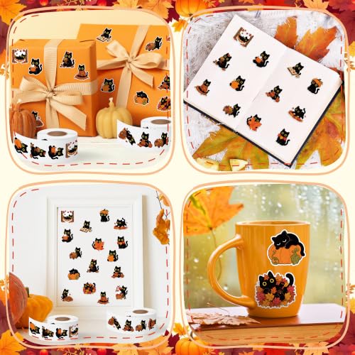 Image of Fall Pumpkin Cat Stickers, 1000Pcs Kawaii Black Cat Animal 2 Rolls