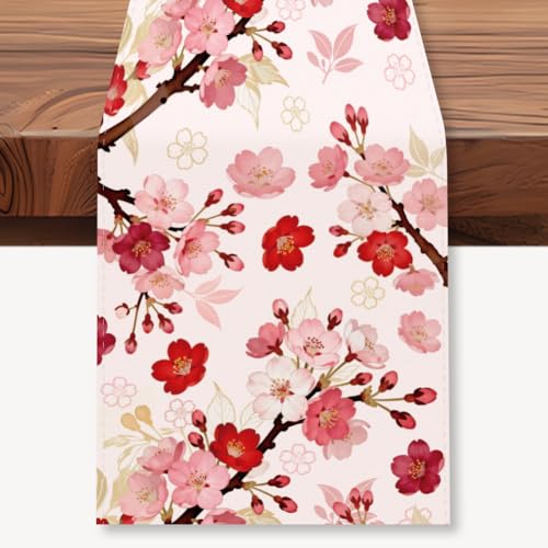 WADORN Chemin de Table à Fleurs de Cerisier Roses 33x183cm Chemin de Table Décoratif de Style Oriental Motif Floral Japonais Sakura Rose pour Cuisine Fêtes...