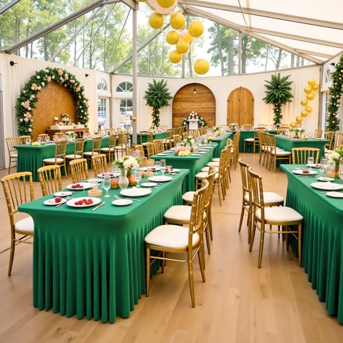 Image of 3 Pack Emerald Green Spandex Tablecloth for 8 Foot Rectangle Tables, Wrinkle Free Fitted Table Cloth Cover 8ft Green Stretchy Tablecloths with Skirt for Parties Weddings Birthday Banquet Baby Shower