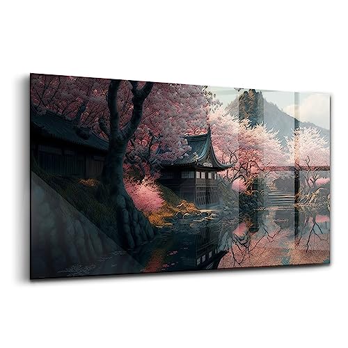 Fleur de cerise asiatique sur verre d'art Wallfluent pour illuminer un mur blanc d'intérieur