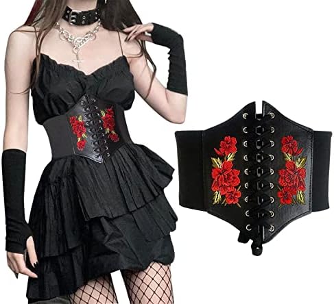 Women's Lace-Up Corset Elastic Waist Belt, Rose Embroidery Lace Vintage Corset Belt Tied Wide Cinch Belt Suitable for Women with 24.8-29.5in Waist