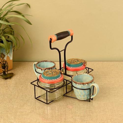 Image of AAKRITI ART CREATIONS Elegance Duo Cup & Snack Jar Set with Iron Tray | Handcrafted Abstract Art Storage Jars | Kitchen Decoration Items Stylish Tray & Jars | Kitchen Containers with Metal Tray
