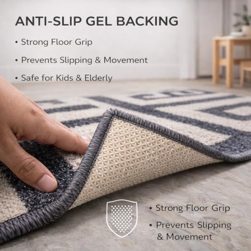 Image of Matz&More Greek Symmetric Key Rug | 100x150 CM | Black White | Soft Nylon Loop Pile with Anti-Slip Gel Backing | Living Room, Bedroom & Office Floor Carpet