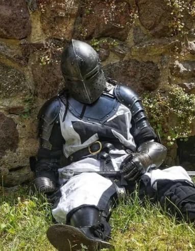 Medieval Knight Full Body Armor Costume, Black and White Steel, Templar Cross Design with Surcoat, Helmet, Guards, Belt