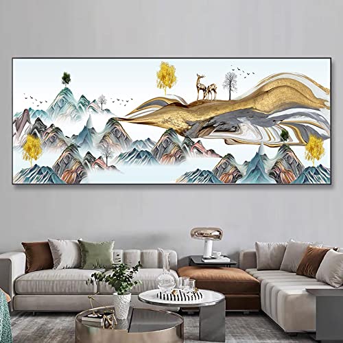 Impression sur toile montagne et cerf abstrait 50x150cm pour salon