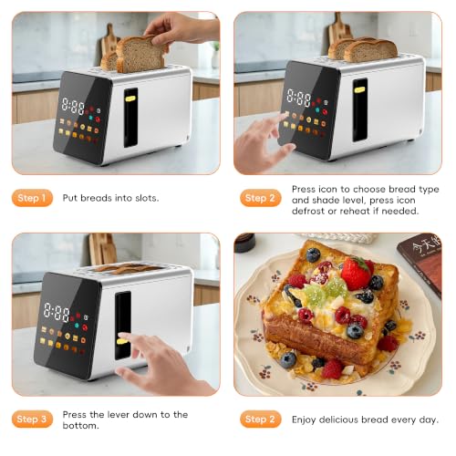 Image of WUNLY Smart Digital 2 Slice Toaster with Touch Screen,1.5'' Extra Wide Slots for Bagel, Digital Countdown & Sound Control, 6 Bread Types & 6 Shade Settings, Defrost /Reheat /Standby,Yellow