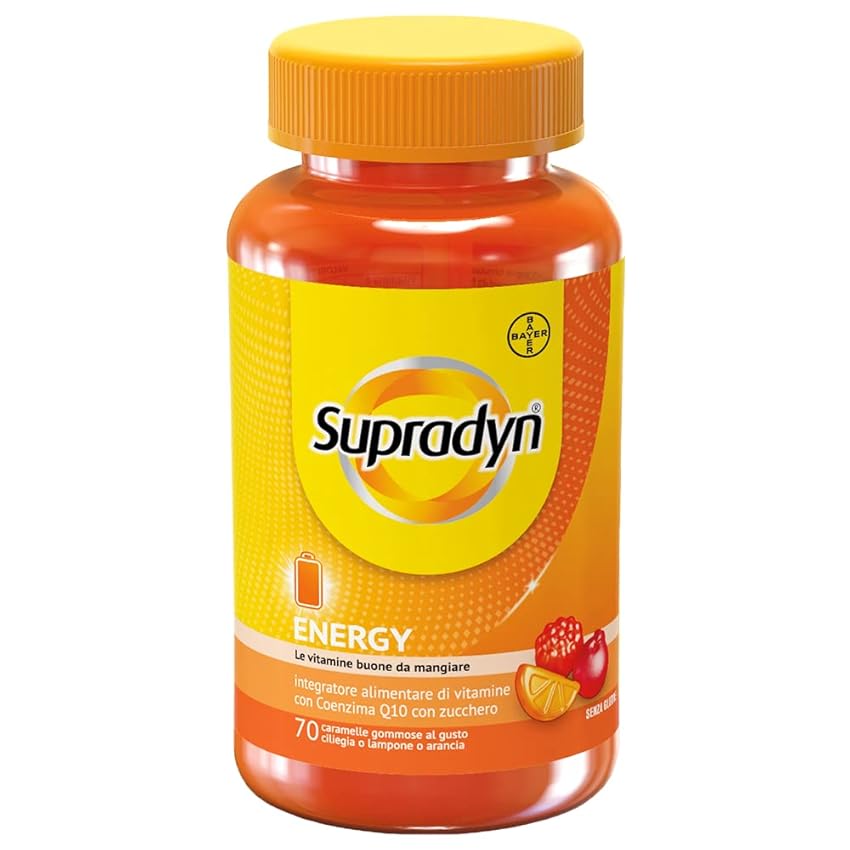 Immagine del prodotto Supradyn Energy Multivitaminico Caramelle, Integratore Completo, con Vitamine A, B, C, D, E e Coenzima Q10, 70 Caramelle Gommose Multivitaminiche Gusto Ciliegia, Lampone e Arancia