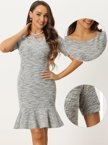 Allegra K Elegant Tweed Dress for Women's Work Office Short Sleeve Fishtail Bodycon Midi Dress2