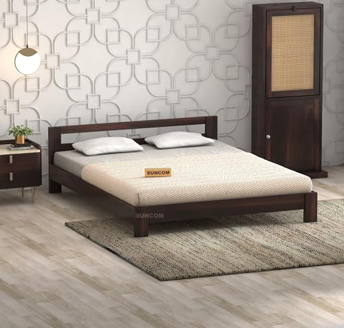 Image of SUNCOM Wooden Low Height King Size Bed Without Storage | Wooden Platform Bed | Space Saving Low Floor /Lying /Rise /Level /Profile Cot Bed for Bedroom | Basic Headboard | Walnut Finish