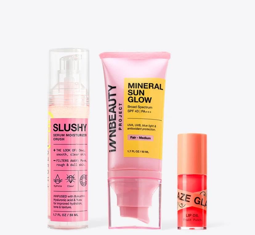 Innbeauty ProjectBeach Day Bundle - Mineral Sun Glow SPF 43 PA +++ in Fair-Medium, Slushy Serum Moisturizer and Fruit Punch Lip Glaze