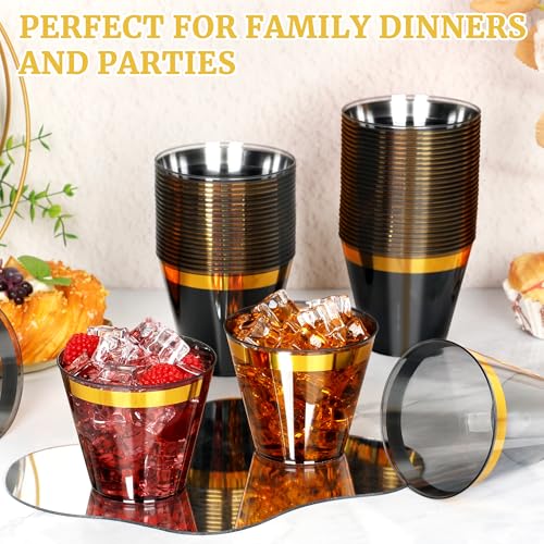 Image of 100 Pcs Gold Black Plastic Cups,9Oz Clear Disposable Cups with Gold Rim,Heavy Duty Clear Disposable Plasitc Cocktail Glasses Tumblers Wine Cup for Party,Wedding,Birthday,Christmas