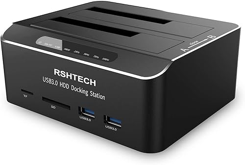 Estación de acoplamiento para disco duro RSHTECH USB 3.0 Aluminio Dual Bay Hard Drive Dock para 2.5" y 3.5" SATA HDD SSD con lector de tarjetas