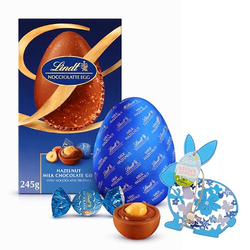 Lindt Chocolates Hazelnut Easter Egg - Large Milk Chocolate Egg with Nocciolatte Truffles 245g & Topline Wooden Easter Decoration. Great Easter Gifts for Women Hampers