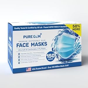 PURE GEM [Pack of 150] Single Use Disposable Blue Face Mask, Soft on Skin, 3-ply Masks Facial Cover with Elastic Earloops Great For Home, Office, School, and Outdoors