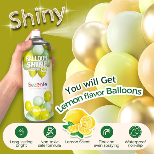 Image of Bezente Lemon Scent Balloon Shine Spray 15oz Fast High-Gloss for Parties | High Shine Fresh Lemon Balloon Spray, Long-Lasting Waterproof Gentle Formula, Quick Finish for Indoor Outdoor Events