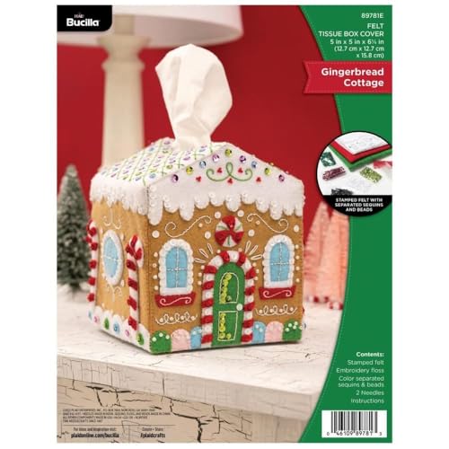 Bucilla Felt Applique Tissue Box Cover Gingerbread Cottage Perfect for DIY Arts and Crafts Projects