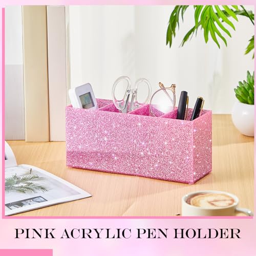 Image of Jetec Acrylic Glitter Pink Pen Holder 4 Compartments Bling Makeup Brush Stationery Organizer Pencil Holder for Desk Accessories Sparkly Gifts for Women Back to School Birthday Desktop Workplace Office