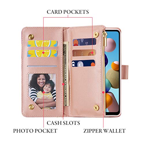 Ueebai Wallet Case For Samsung Galaxy A21S, Premium Vintage Pu Leather Handbag Magnetic Closure Zipper Pocket Kickstand Card Slots Phone Case With Wrist Strap Shockproof Flip Cover - Pink Flower #TOP1