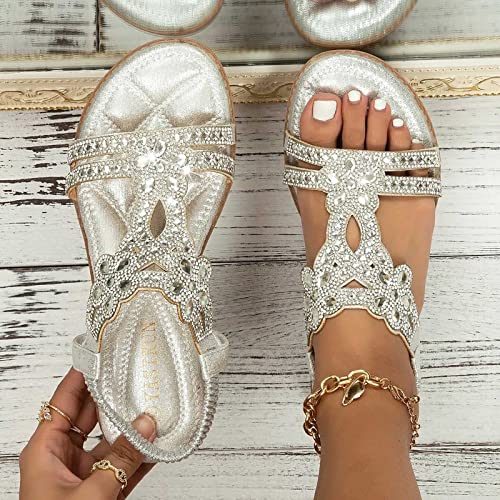 ZBYY Womens Flats Sandals Bohemia Rhinestone Open Toe Elastic Ankle Strap Sandals Summer Comfortable Beach Shoes Sandals3