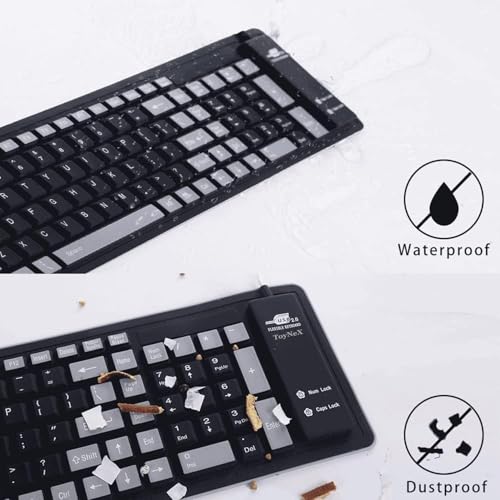 Image of Silicone Keyboard Foldable Rollup Flexible Keyboard Full Size 103 Keys with Number Pad Waterproof /Dustproof Portable Travel Key-Board for PC /Laptop /Computer /Tablet (Black + Grey)