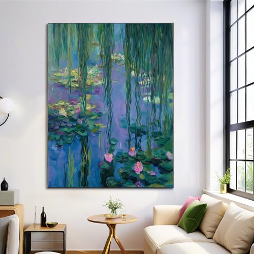 Stampa su Tela Dipinto Poster, Pittura A Olio Arte Murale, Stagno Con Salice Piangente Immagine per Soggiorno, Stampa Poster Moda Ufficio Arredamento, 30x40cm Senza Cornice, Viola-Verde