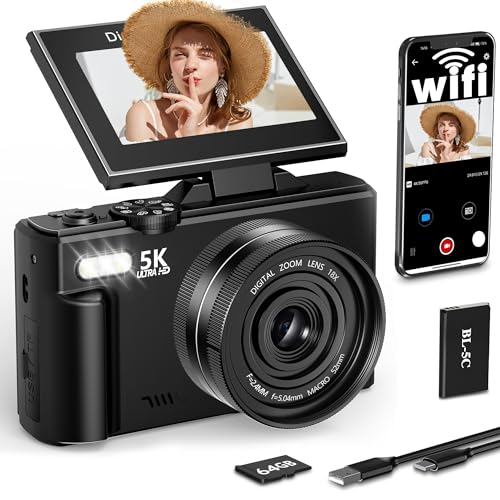 FLATIC Digital Camera, 5K 75MP Cameras for Photography with WiFi & 64GB TF Card, Autofoucs Vlogging Camera for YouTube with 180° Flip Screen, Compact Vlog Travel Camera Kit for Beginner, Teens (Black)