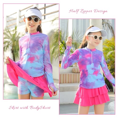 Image of Vogseek 3-12T Girls Rash Guard 2 Pieces Bathing Suit Long Sleeve Swimsuit Swimming Skirt with Shorts Swimwear