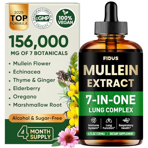 Fidus Mullein Drops for Lungs & Lymphatic Drainage – 7 Herb with Echinacea, Oregano, Ginger, Elderberry, Marshmallow Root & Thyme– Lung Detox for Smokers– Respiratory & Immune Support, 4 fl oz