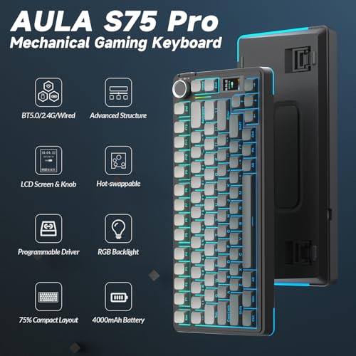 Image of AULA S75 PRO Wireless Mechanical Keyboard with Screen&Knob, Tri-Mode Hot Swappable Gaming Keyboard 75%, Pre-lubed Switches, RGB Backlit, Side Printed PBT Keycaps, Creamy Sounding Computer Keyboards