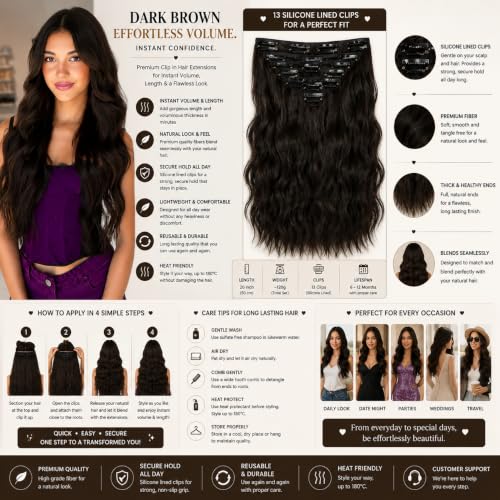 Image of Salon-Grade Clip-in Hair Extensions for Women, Imported Synthetic Hair, 6 PCS with 13 Secure Clips, Instant Volume, Natural Blend, Reusable Hair Volumizer (Dark Brown, Curly /Wavy)