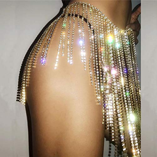 Fstrend Rhinestone Body Chains Crystal Dance Skirts Tassel Sexy Bikini Beach Chain Hip Waist Belts Fashion Nightclub Jewelry Accessories for Women and Girls (Gold)