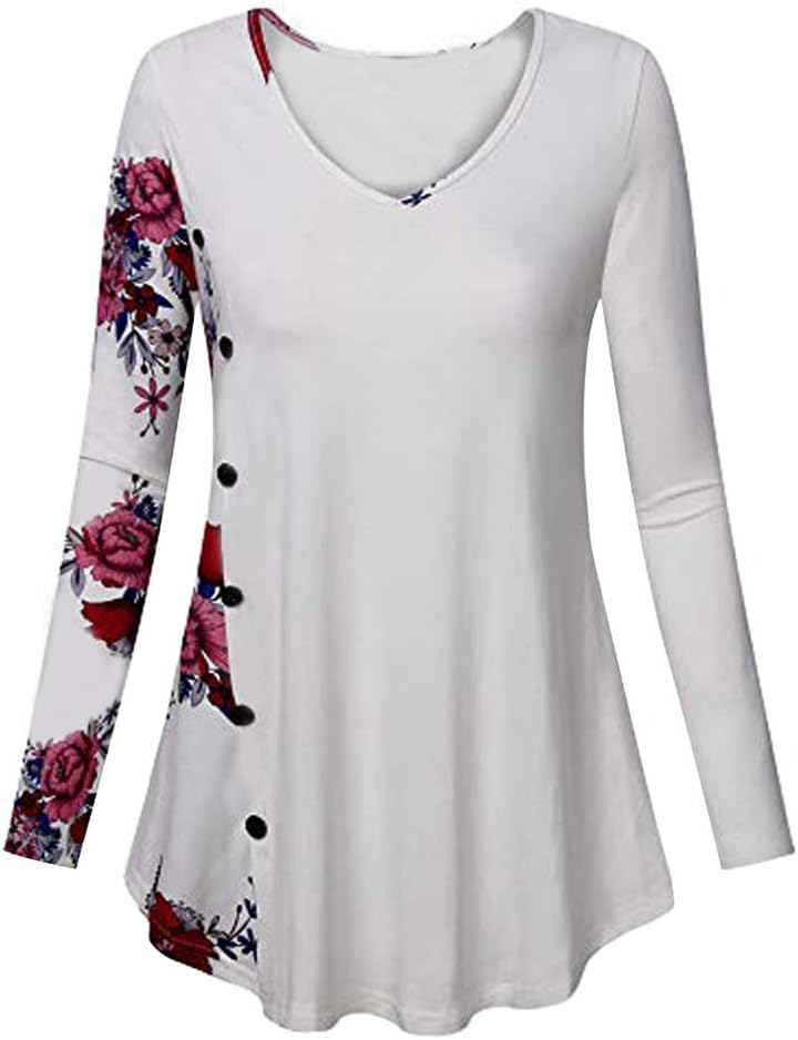 alignmentpai Women T-Shirts, Flower/Plaid Patchwork Women Long Sleeve V Neck Autumn Casual T-Shirt Loose Tops White XL