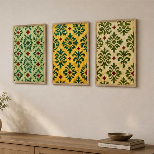 Image of Livin'luxe Set of 3 Green Floral Pattern Wall Paintings for Living Room Bedroom Hallway Home Decor with Premium Wooden Color Synthetic Frame (13.5 x 19.5 Inch) NM03-77
