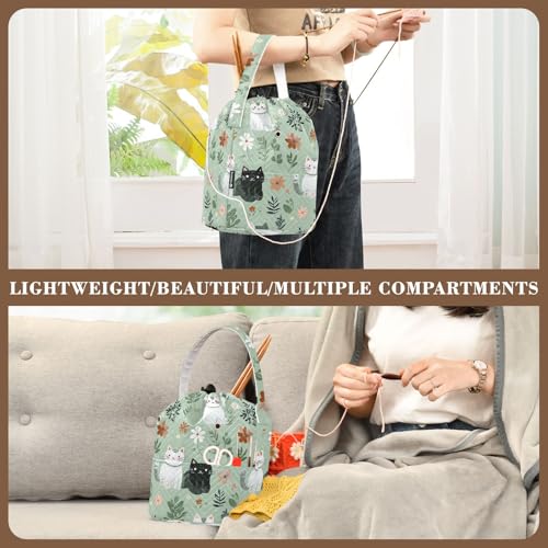 Image of Tatenale Crochet Bag Yarn Bag Knitting Project Bag with Pockets and Handle Portable Yarn Storage Organizer Tangle Free 8.3x11 InchMint Green Floral and Cute Cats02