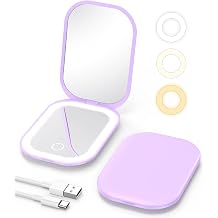 Gospire Lighted Compact Mirror with Light and Magnification 1X/3X, Stepless Dimming and Three-Color Adjustable Lights, Rechargeable Battery and Compact Size for Purse and Travel -Purple