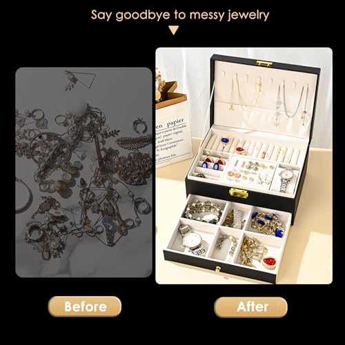 Jewelry Box for Women Girl Wife - Large PU Leather Jewelry Organizer Storage Case with Two Layers Display for Earrings Bracelets Rings Watches (Black)2