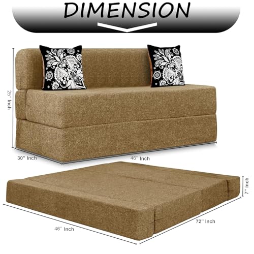 Image of Rosebell Two Seater Sofa Cum Bed | Jute Fabric Washable Cover | with Cushions Perfect for Guest | Golden-Color | 4' X 6' Feet
