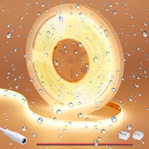 GOMING 12V COB Ruban LED Blanc Chaud 3000K étanche IP65 312LED/M 5M 11W/M Luminescence Uniforme CRI 93+ Haute Luminosité Flexible Découpable Bande LED pour Maison Décorer(Sans Alimentation)