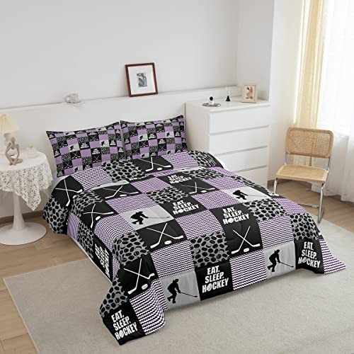 Girls Ice Hockey Bedding Set Twin Teen Patchwork Hockey Player Pucks Comforter Set,Eat Sleep Hockey Quilt Duvet Sports Games Comforter,Purple Geometric Checkered Stripe Black Grey 1 Pillow Case #TOP1