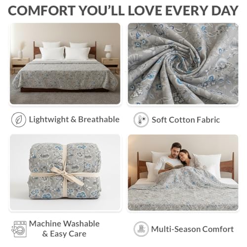 Image of HOMEMONDE 100% Cotton Reversible Dohar Double Bed Size | AC Blanket Comforter | Soft Lightweight Bed Blanket Quilt (84 x 94 Inch, Light Grey & White, Pack of 1)