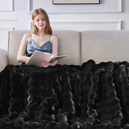 Faux Fur Throw Blanket, 1000GSM Fluffy Soft Bubble Blanket for Couch Bed, Cozy Plush Warm and Thick Blanket, Fuzzy Rabbit Lola Throw for Living Room Bedroom 50''*60'' Black