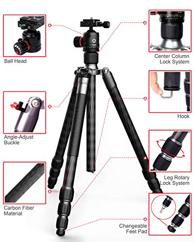 KINGJOY Carbon Fiber Tripod Monopod Kit, 70 inch Video Tripod with 360° Panoramic Ball Head, Max Load 40 lbs, Compact for DSLR Cameras Camcorders, A83+T21