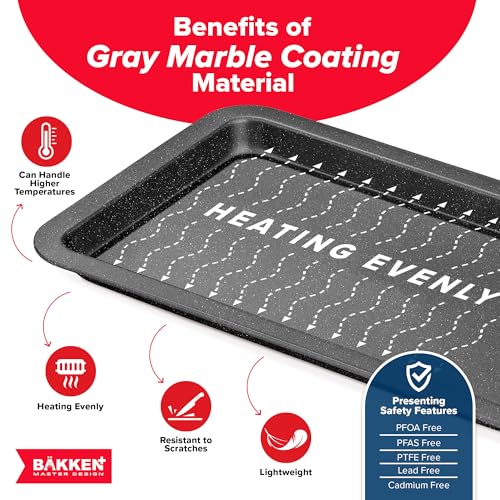 BAKKEN 3-Piece Kitchen Baking Pans - Small, Medium, and Large Cookie Pan, With Nonstick Coating, Stackable and Space-saving Design, PFOA, PFOS, PTFE Free, Oven Safe Tray (Up To 450°F), Gray Marble