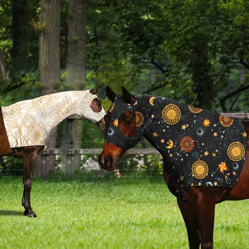 Image of Horse Slicker Hood with Zipper of 2 Set: Snug Fit, No-Ears Design, and Extra Large Eye Holes for Face, Shoulders, Mane, Chest, and Withers - Perfect for Show-M(Orange+Flower)