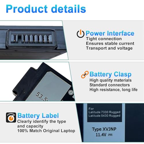 Image of XVJNP Battery Replacement for Dell Latitude 5430 7330 Rugged Extreme P148G P148G001 P149G P149G001 Series Notebook 6JRCP for Dell xvjnp Battery 53.5 Wh