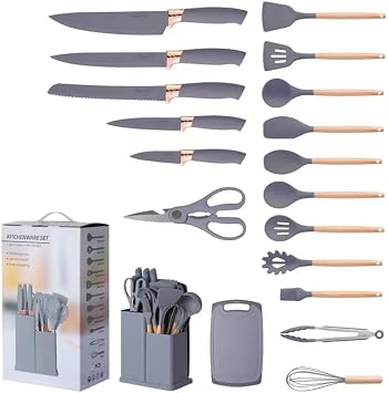 19 Pcs Chef Kitchen Cooking Utensils Set, Silicone Kitchen Gadgets Utensil Set (Grey)