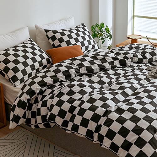 Ecocott Duvet Cover Sets Queen Size,3 Pieces 100% Natural Cotton Black& White Checkered Pattern 1 Duvet Cover With Zipper And 2 Pillowcases, Ultra Soft And Easy Care Breathable Cozy Bedding Set #TOP3
