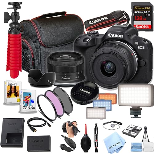 Canon EOS R50 24.2MP APS-C CMOS Sensor Mirrorless Camera with 18-45mm Lens, 128GB Extreme Speed Memory, Video Light, Filters, Case, Software and More (Essential Bundle) (Renewed), Black