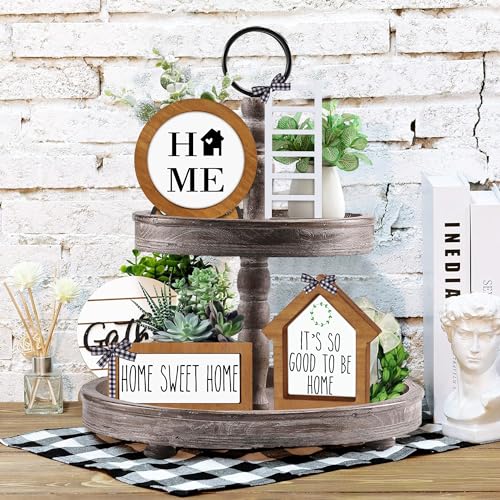 Farmhouse Halloween Tiered Tray Decorations Set - Year Round Seasonal Interchangeable Holiday Rustic Wooden Frames with Cards, Ladder for Home Kitchen Table Thanksgiving Christmas Centerpiece - Thumbnail 3