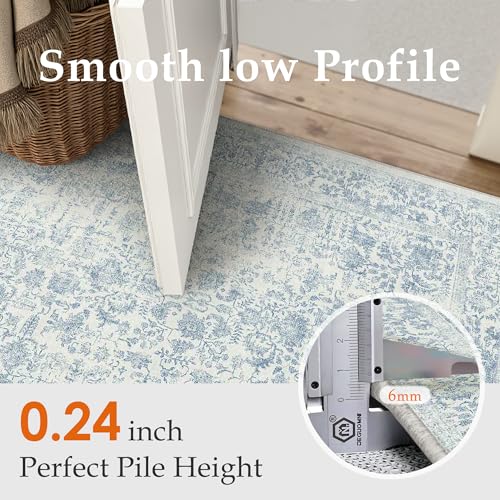 Blue Runner Rug 3x14 Hallway Machine Washable Kitchen Vintage Distressed Non Slip Long Carpet Indoor Retro Floral Bedroom Accent Throw Rug for Bathroom Office Laundry Dining Living Room